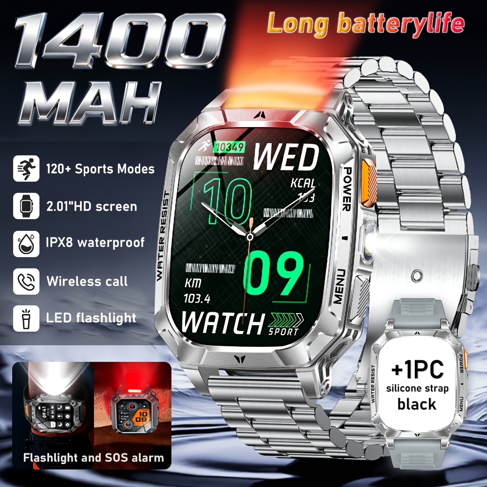 Heren Sport Smartwatch met 1400mAh Batterij & 120 Dagen Standby, 5.11cm Full-Touch HD Scherm, Dual-Color SOS LED Zaklamp (Rood+Wit), 120+ Sportmodi, IPX8 Waterdicht, Cadeau voor Hem - Afbeelding 9