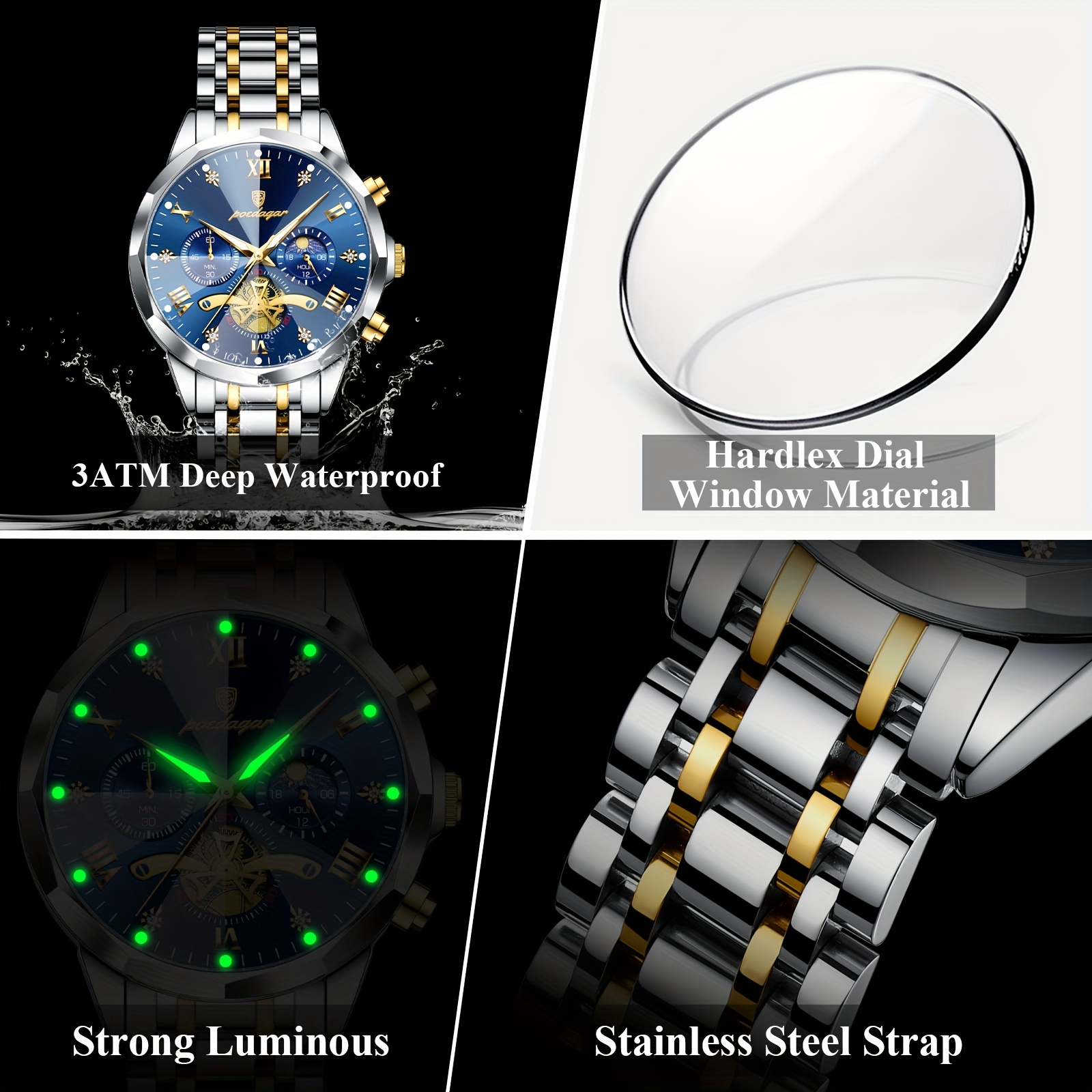 Luxe Stalen Band Herenhorloge Lichtgevend Waterdicht Chronograaf Dag En Nacht Display Heren Polshorloge - Afbeelding 7