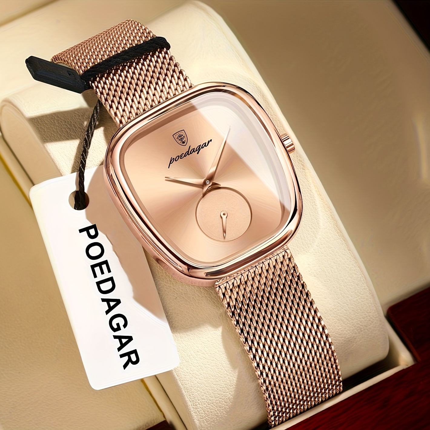 POEDAGAR Elegant Rozen Vierkant Horloge - Waterdicht Roestvrijstalen Mesh Band, Quartz Uurwerk Polshorloge met Zwarte Wijzerplaat & Rozen Wijzers, Geschikt voor Feesten, Casual & Zwemmen, 3ATM Tijdsmeter - Afbeelding 13