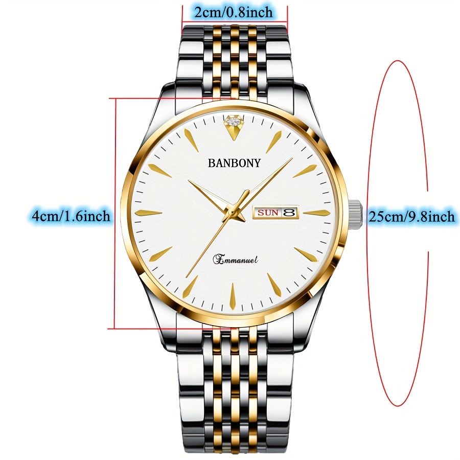 Nieuwe Banbony Unisex Roestvrijstalen Quartz Horloge met Strass-accenten, Waterbestendig IPX7, Strakke HD-wijzerplaat, Datumweergave, Goudkleurige Afwerking - Ideaal voor Vrijetijdskleding, Feestjes en Cadeaus - Afbeelding 2