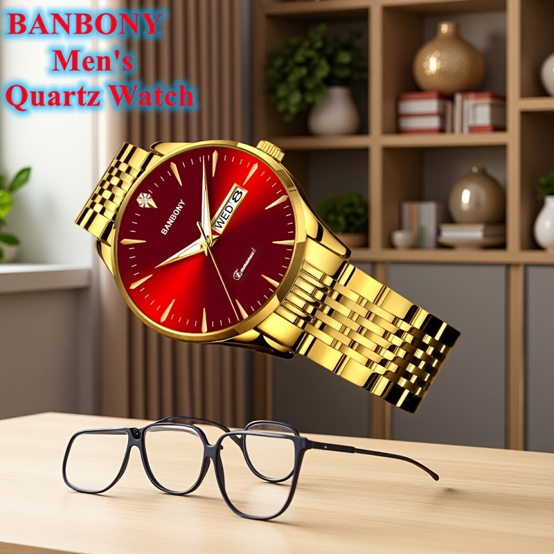 Nieuwe Banbony Unisex Roestvrijstalen Quartz Horloge met Strass-accenten, Waterbestendig IPX7, Strakke HD-wijzerplaat, Datumweergave, Goudkleurige Afwerking - Ideaal voor Vrijetijdskleding, Feestjes en Cadeaus - Afbeelding 18