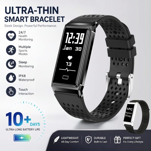 Strakke Zwarte Ultradunne Slimme Armband voor Mannen en Vrouwen, Smartwatch, Lichtgewicht Fitnesstracker voor Dagelijks Comfort, 10+ Dagen Batterijduur, Activiteiten-stappenteller met 24/7 Gezondheids- en Slaapmonitor, IPX8 Waterdicht Sporthorloge, Aanraakbediening, Cadeau