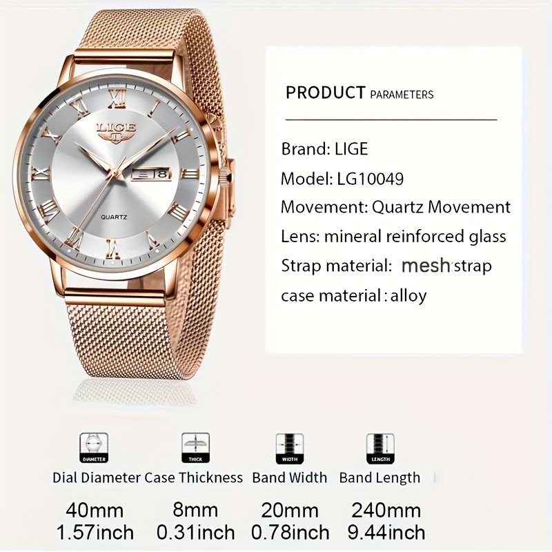 LIGE Dames Elegant Roestvrij Quartz Analoog Horloge met Datumkalender, Quartz Polshorloge Geschikt voor Dagelijks Gebruik - Tijdsmeter, Valentijnscadeau voor Vrouwen & Mannen (Merk) - Afbeelding 6