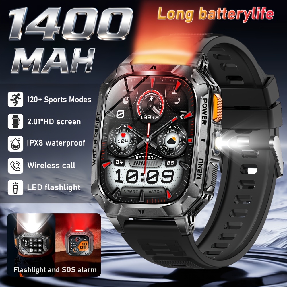 Heren Sport Smartwatch met 1400mAh Batterij & 120 Dagen Standby, 5.11cm Full-Touch HD Scherm, Dual-Color SOS LED Zaklamp (Rood+Wit), 120+ Sportmodi, IPX8 Waterdicht, Cadeau voor Hem - Afbeelding 3
