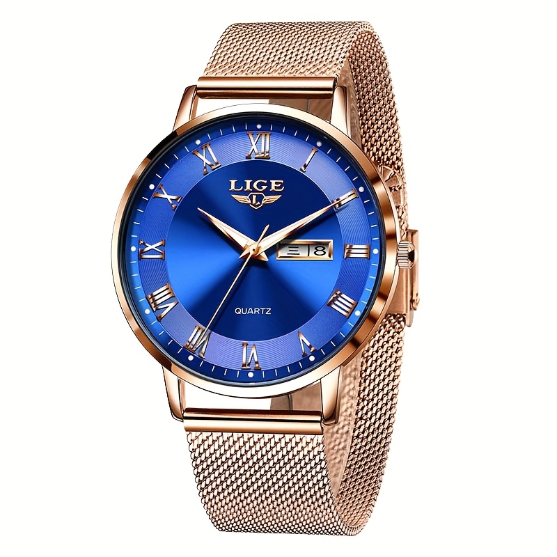 LIGE Dames Elegant Roestvrij Quartz Analoog Horloge met Datumkalender, Quartz Polshorloge Geschikt voor Dagelijks Gebruik - Tijdsmeter, Valentijnscadeau voor Vrouwen & Mannen (Merk) - Afbeelding 3