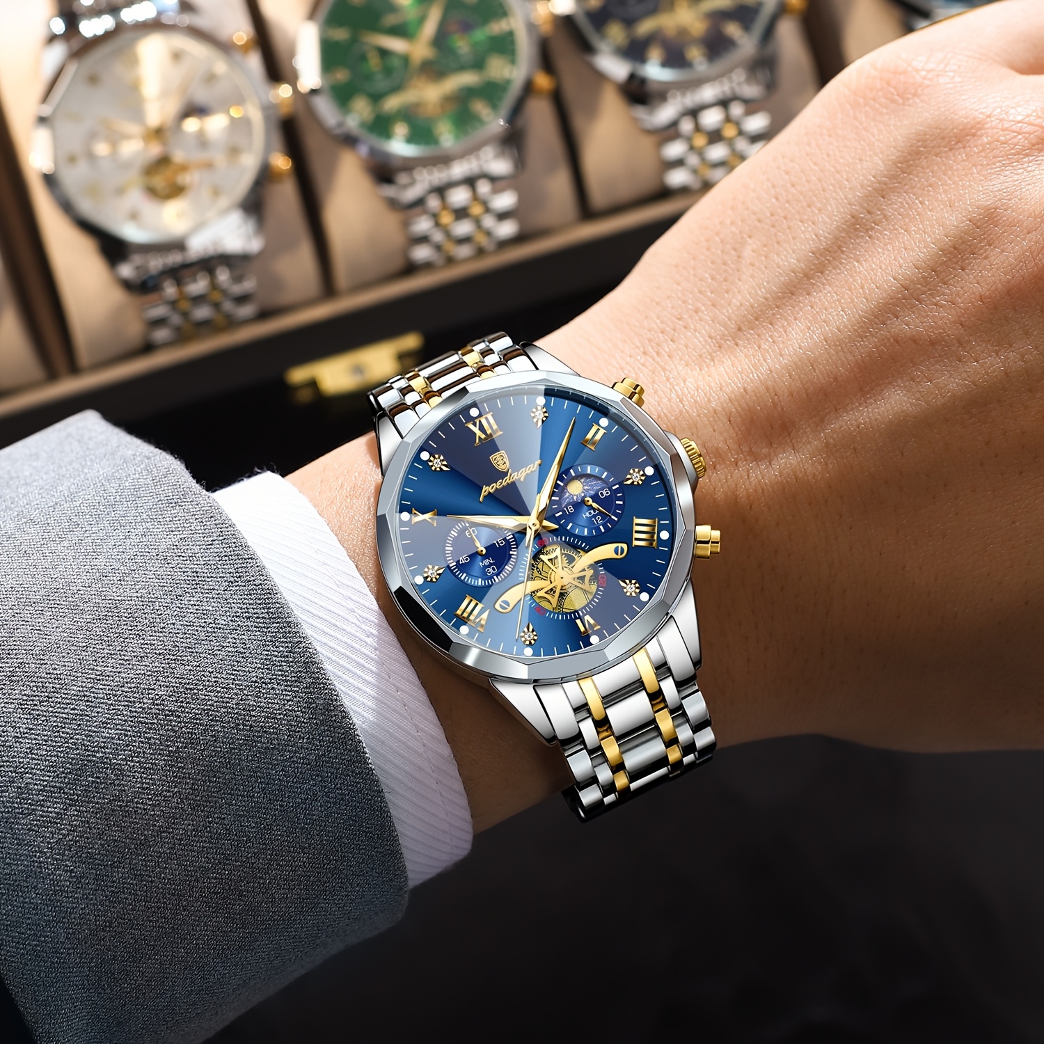 Luxe Stalen Band Herenhorloge Lichtgevend Waterdicht Chronograaf Dag En Nacht Display Heren Polshorloge - Afbeelding 11