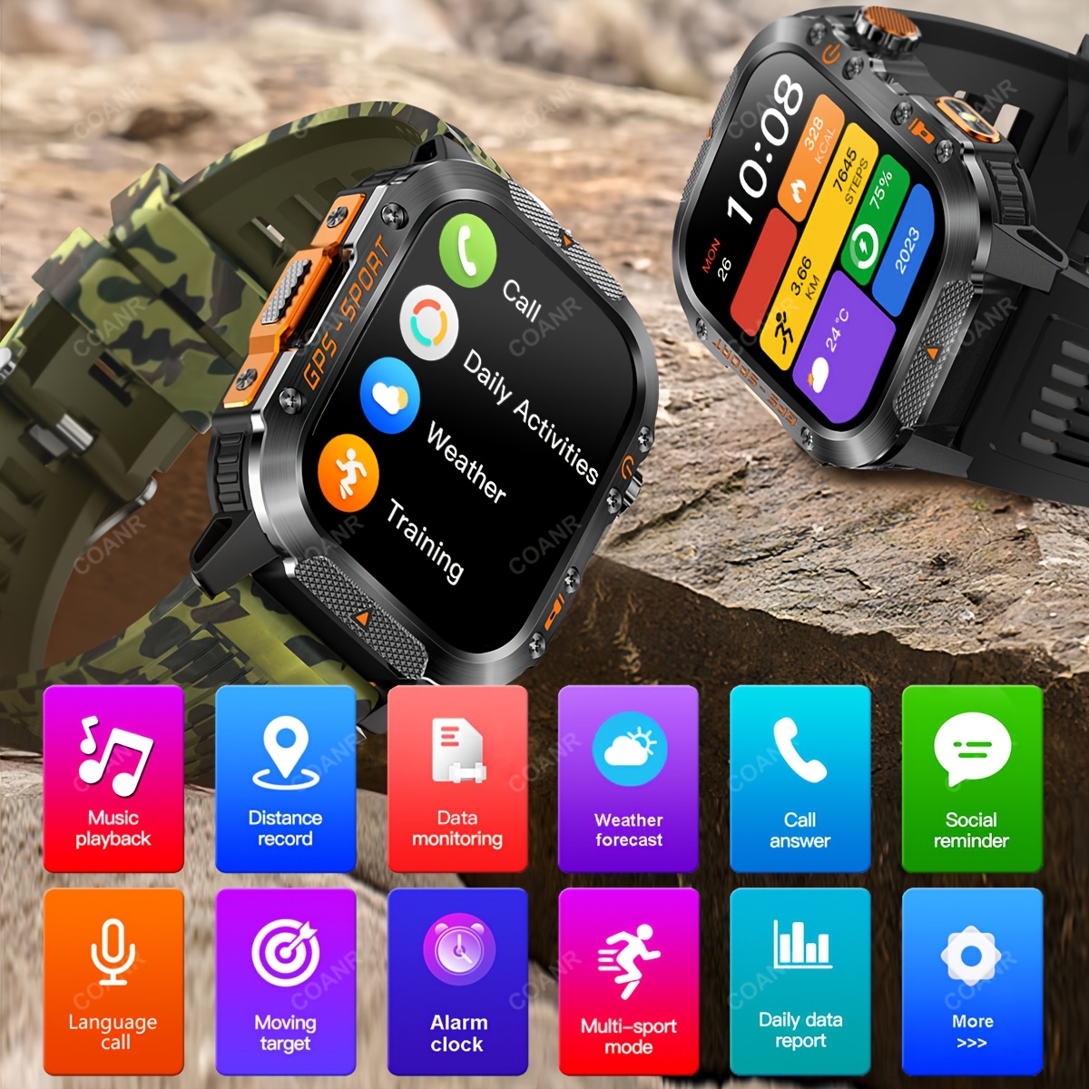 GPS Outdoor Sport Smartwatch met Draadloos Bellen, 540mAh Grote Batterij, 2.01-Inch Scherm, 100+ Sportmodi, Kompas, Weersvoorspelling, Bericht Herinnering, Preferred Square GPS Horloge, Ondersteunt iPhone/Android - Afbeelding 2