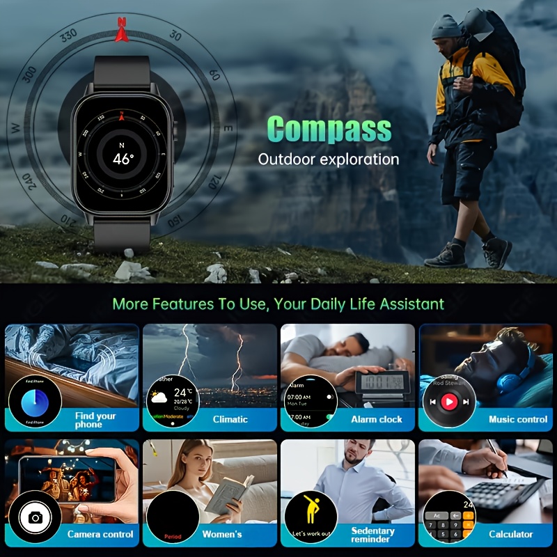 DAORKOW GPS Smartwatch, RVS Outdoor Kompas Sporthorloge, 5,11 cm HD-scherm, 170+ Sportmodi, Track, Draadloos Bellen, USB-opladen, 420mAh Lithium-polymeerbatterij, Unisex - Cadeau voor Valentijnsdag, Moederdag, Vrouwendag, Ramadan, Onafhankelijkheidsdag - Afbeelding 4