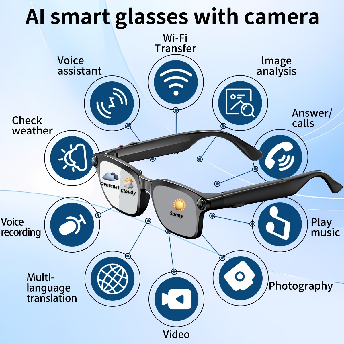 PEJE Slimme Bril met 800W Camera Compatibel voor Realtime Vertaling, AI Spraakassistent, Draadloos Bellen/Simultaan Tolken, Draadloos 5.4, Groot Geheugen, Spraak- & Ruisonderdrukking voor Reizen, Vloggen, Cadeaus