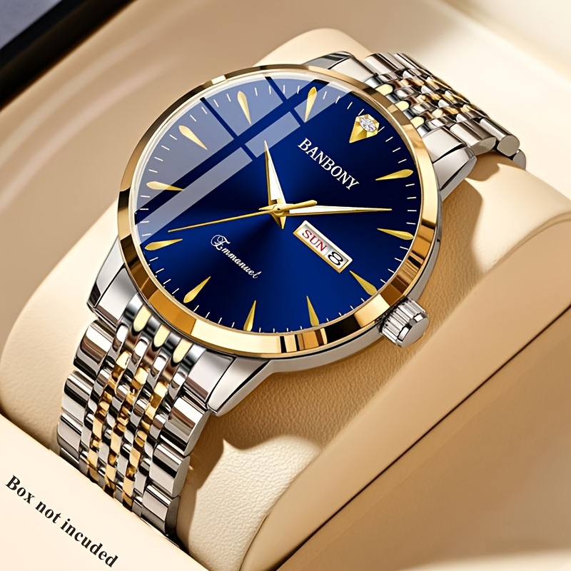Nieuwe Banbony Unisex Roestvrijstalen Quartz Horloge met Strass-accenten, Waterbestendig IPX7, Strakke HD-wijzerplaat, Datumweergave, Goudkleurige Afwerking - Ideaal voor Vrijetijdskleding, Feestjes en Cadeaus - Afbeelding 3