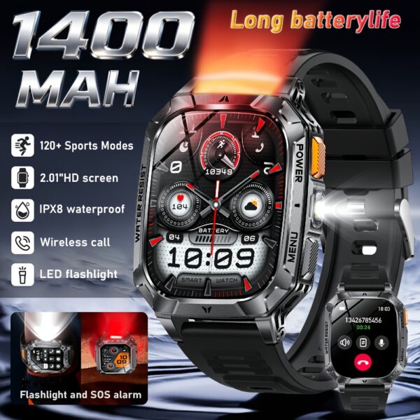 Heren Sport Smartwatch met 1400mAh Batterij & 120 Dagen Standby, 5.11cm Full-Touch HD Scherm, Dual-Color SOS LED Zaklamp (Rood+Wit), 120+ Sportmodi, IPX8 Waterdicht, Cadeau voor Hem