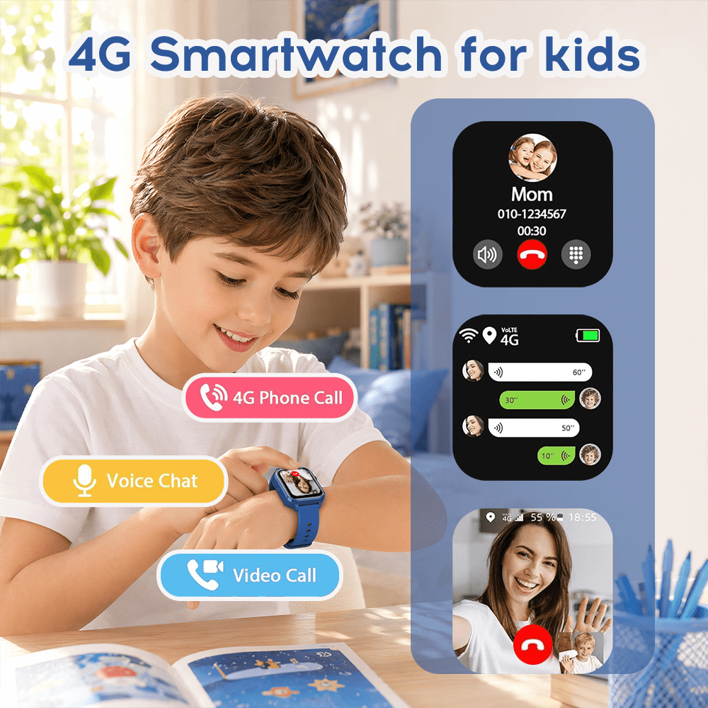 Smartwatch, 4G Telefoonhorloge voor Basisschool- en Middelbare Schoolstudenten, SIM-kaart Plug-In, Tweeweg Video Bellen, SOS Noodoproep, Stappenteller, GPS Locatie Smartwatch - Afbeelding 4