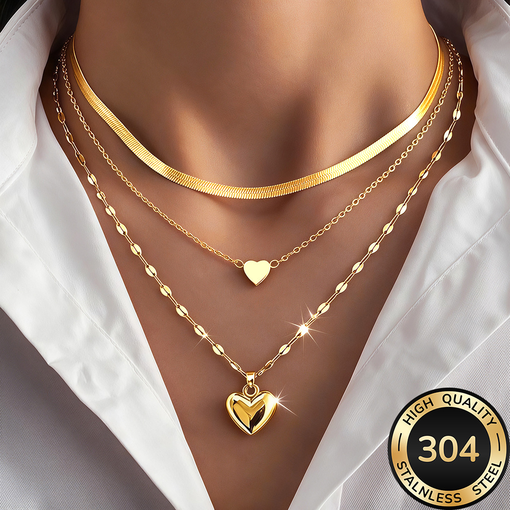 3-delige kettingenset, hoogwaardige 304 roestvrijstalen hypoallergene gouden ketting, gepolijst, KC, aanslagwerend, eenvoudig en elegant, modieuze damesketting geschikt voor dagelijks gebruik of feesten, sieraadaccessoire, een delicaat cadeau voor vrouwen