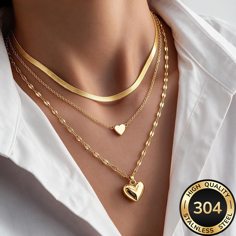3-delige kettingenset, hoogwaardige 304 roestvrijstalen hypoallergene gouden ketting, gepolijst, KC, aanslagwerend, eenvoudig en elegant, modieuze damesketting geschikt voor dagelijks gebruik of feesten, sieraadaccessoire, een delicaat cadeau voor vrouwen - Afbeelding 4