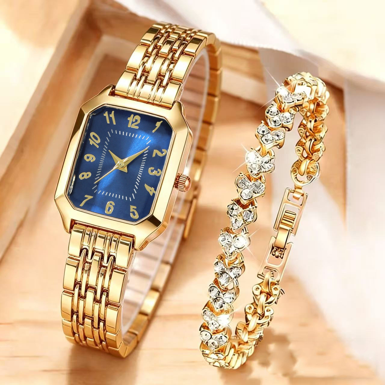Twee elegante dameshorloges, met een stijlvolle en romantische hartvormige ketting gecombineerd met een klassiek retro kwartshorloge met rechthoekige wijzerplaat en een comfortabele band van legering. - Afbeelding 3
